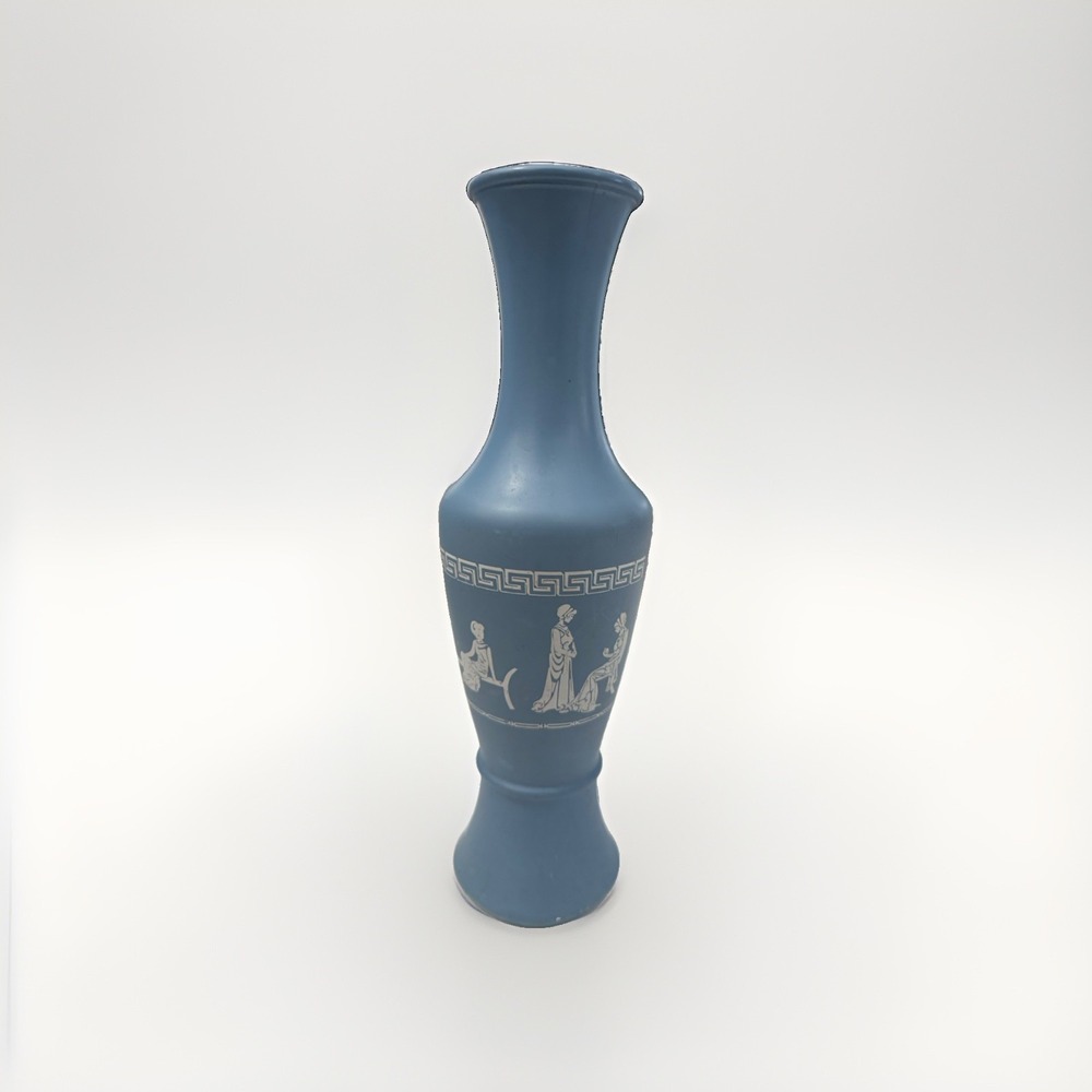 Vintage 11" Avon Blue Jasperware Style Bud Vase Greek Key Classical Figures
